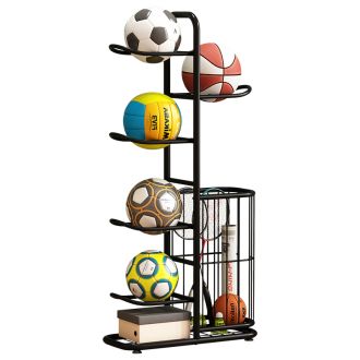 Rastrelliera dispenser in metallo di palloni da Calcio, Basket e Volley - fino a 5 palloni, Nero