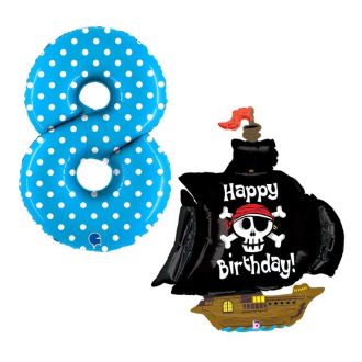 Grabo Set 2 Palloncini Compleanno a Tema Pirati numero 8 azzuro pois e veliero dei pirati con scritta happy birthday. Made in Italy in foil, cannuccia inclusa